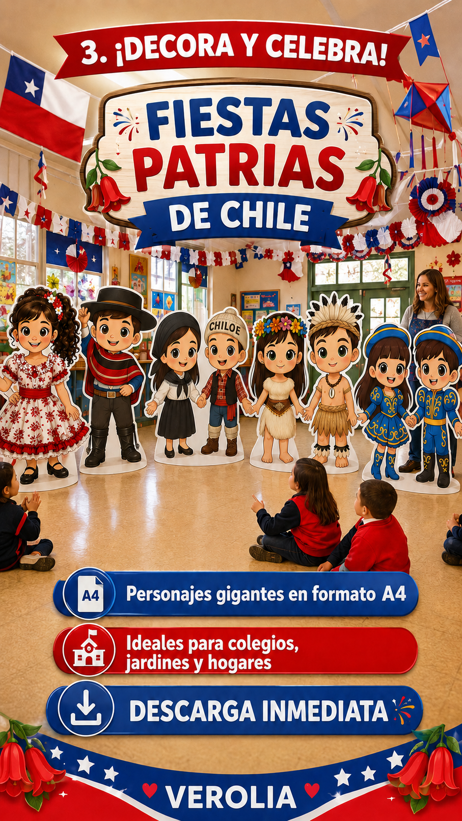 11 personajes típicos chilenos gigantes de 1,40 m – PDF imprimible